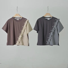 條子布料併布T-shirt/朱古力