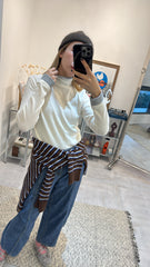 雙色間條cardigan/啡+藍