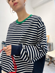 前間條後淨色T-shirt/綠領