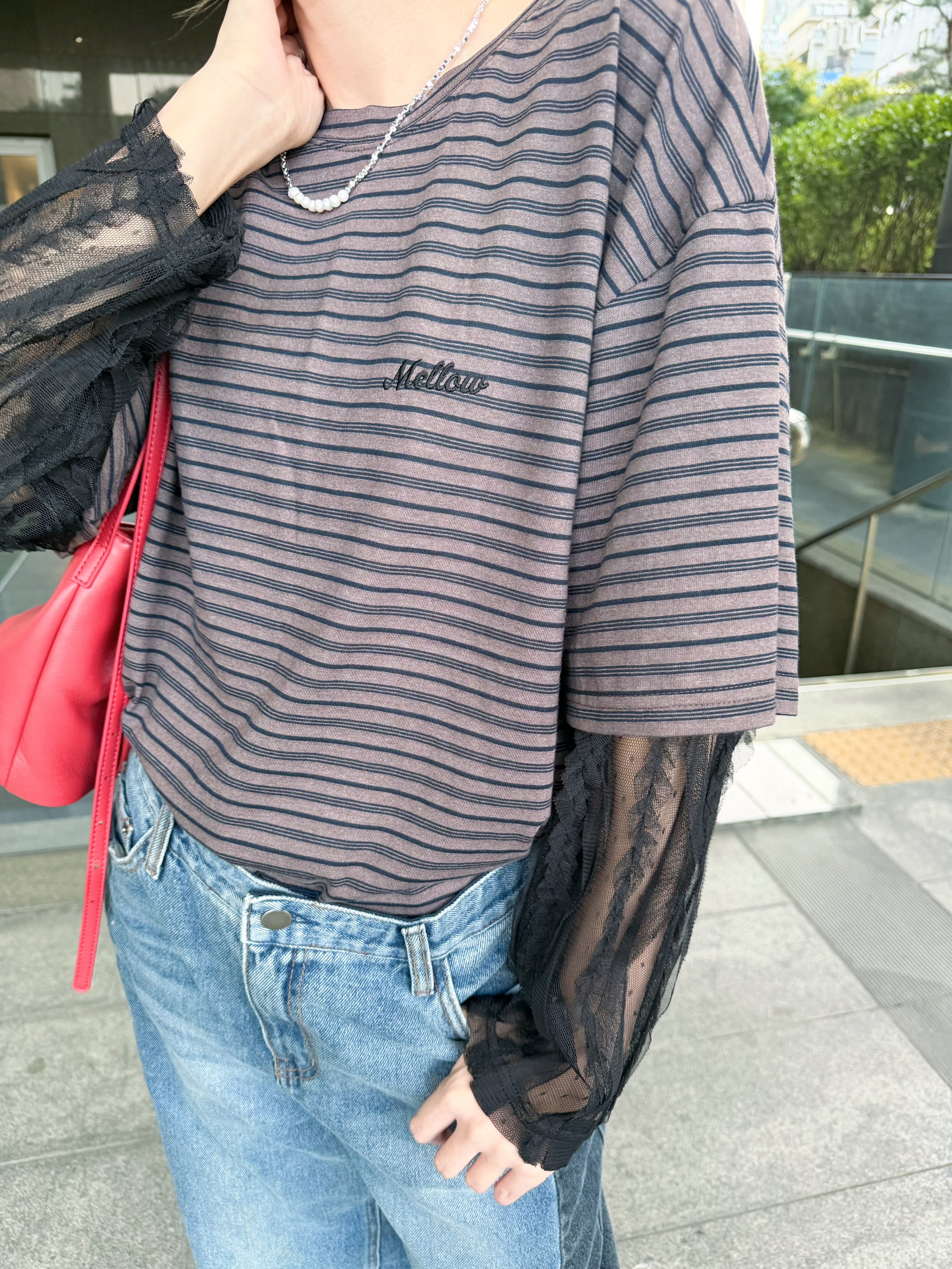 闊身間條喱士袖T-shirt/啡