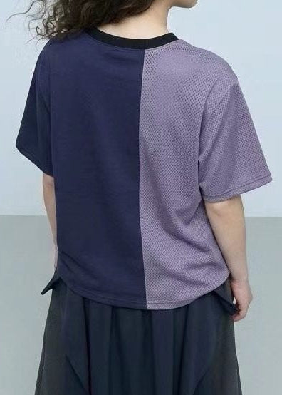 網布Ruffle撞色領T-shirt/灰+深藍