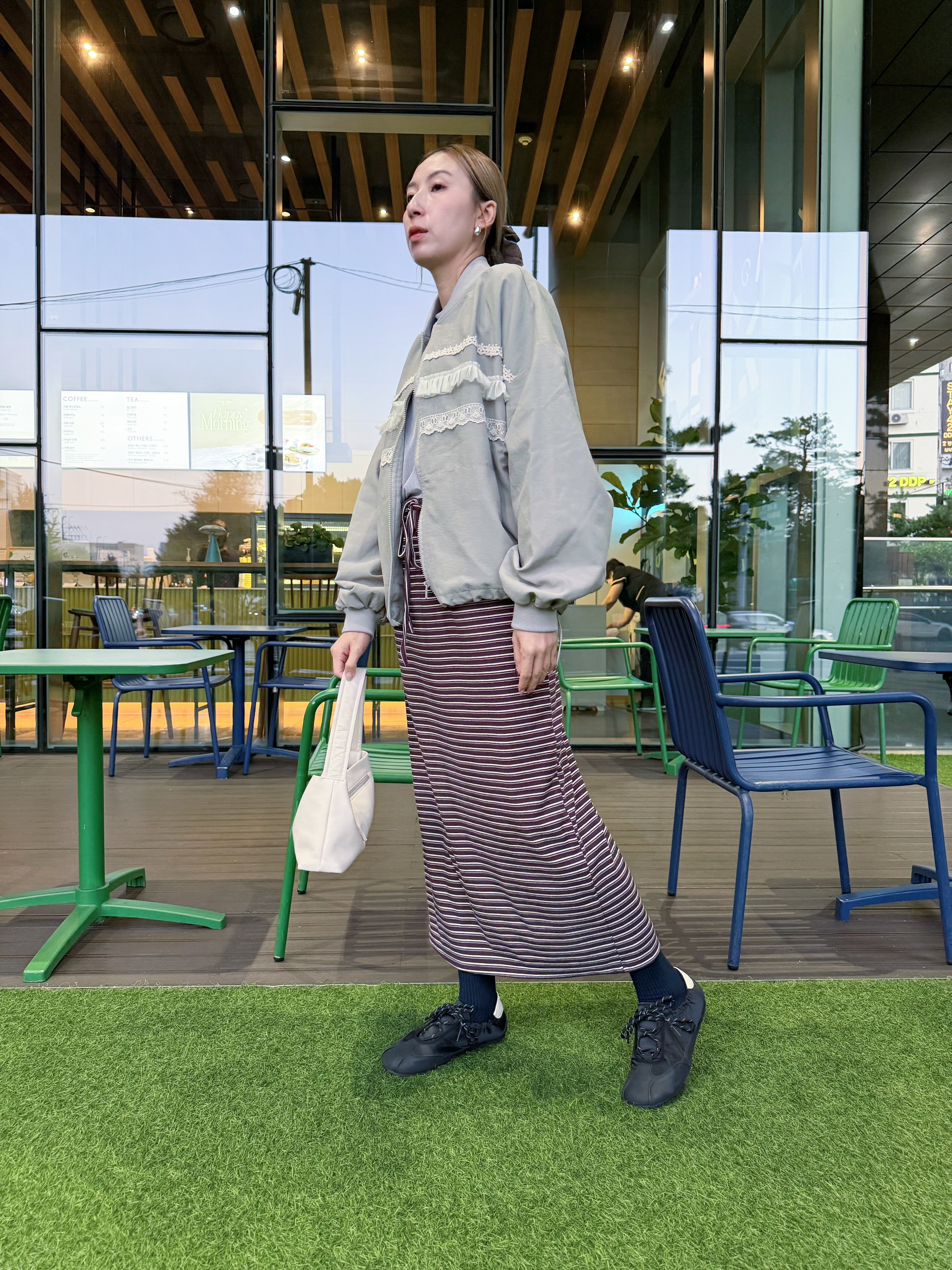 間條彈性直身裙/深啡