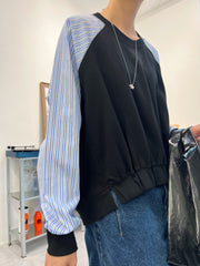 條子袖併布T-shirt/深藍