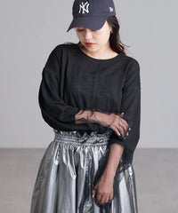 間條網袖闊身T-shirt/黑