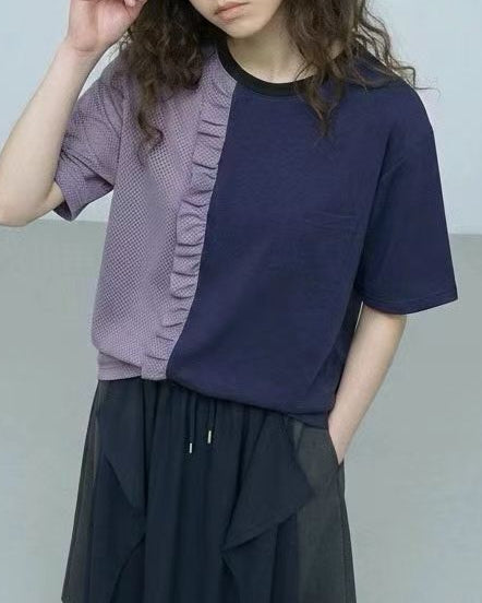 網布Ruffle撞色領T-shirt/灰+深藍