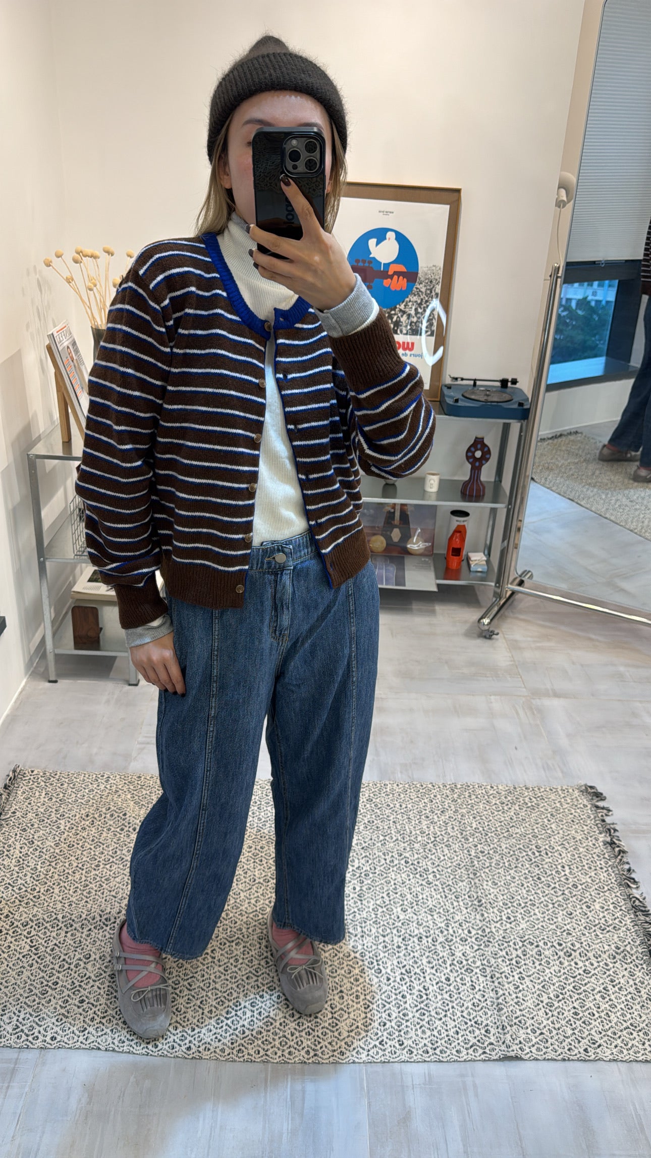 雙色間條cardigan/啡+藍