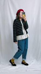(訂貨)心心鈕扣間條Cardigan/黑