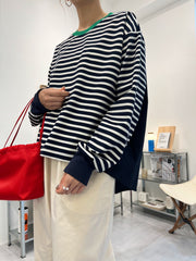 前間條後淨色T-shirt/綠領