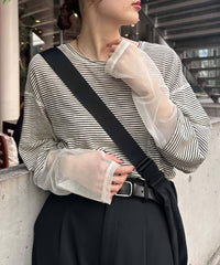 間條網袖闊身T-shirt/白