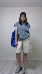 衫腳大摺褶T-shirt/霧藍