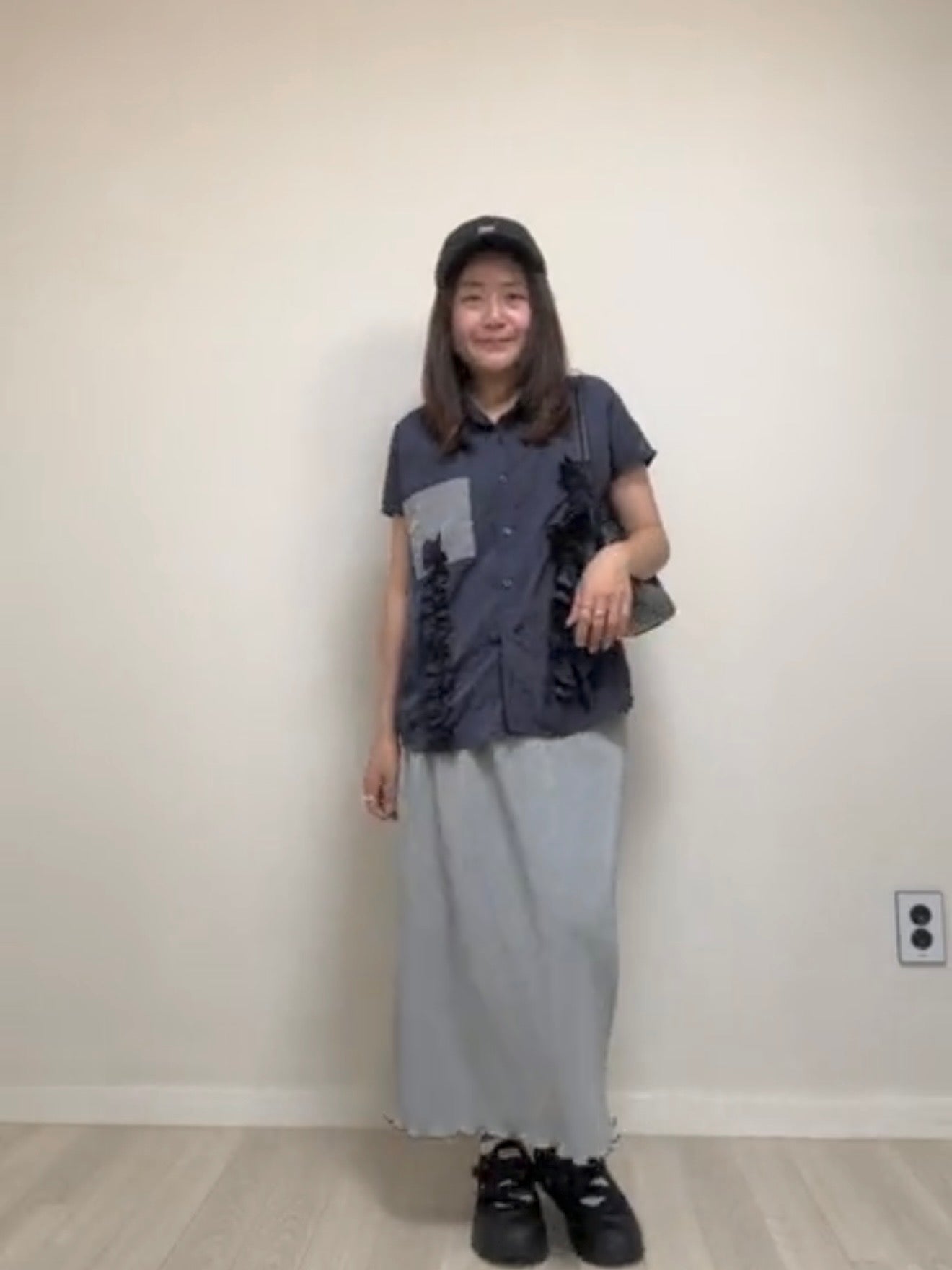 撞色口袋Ruffle恤衫/深藍