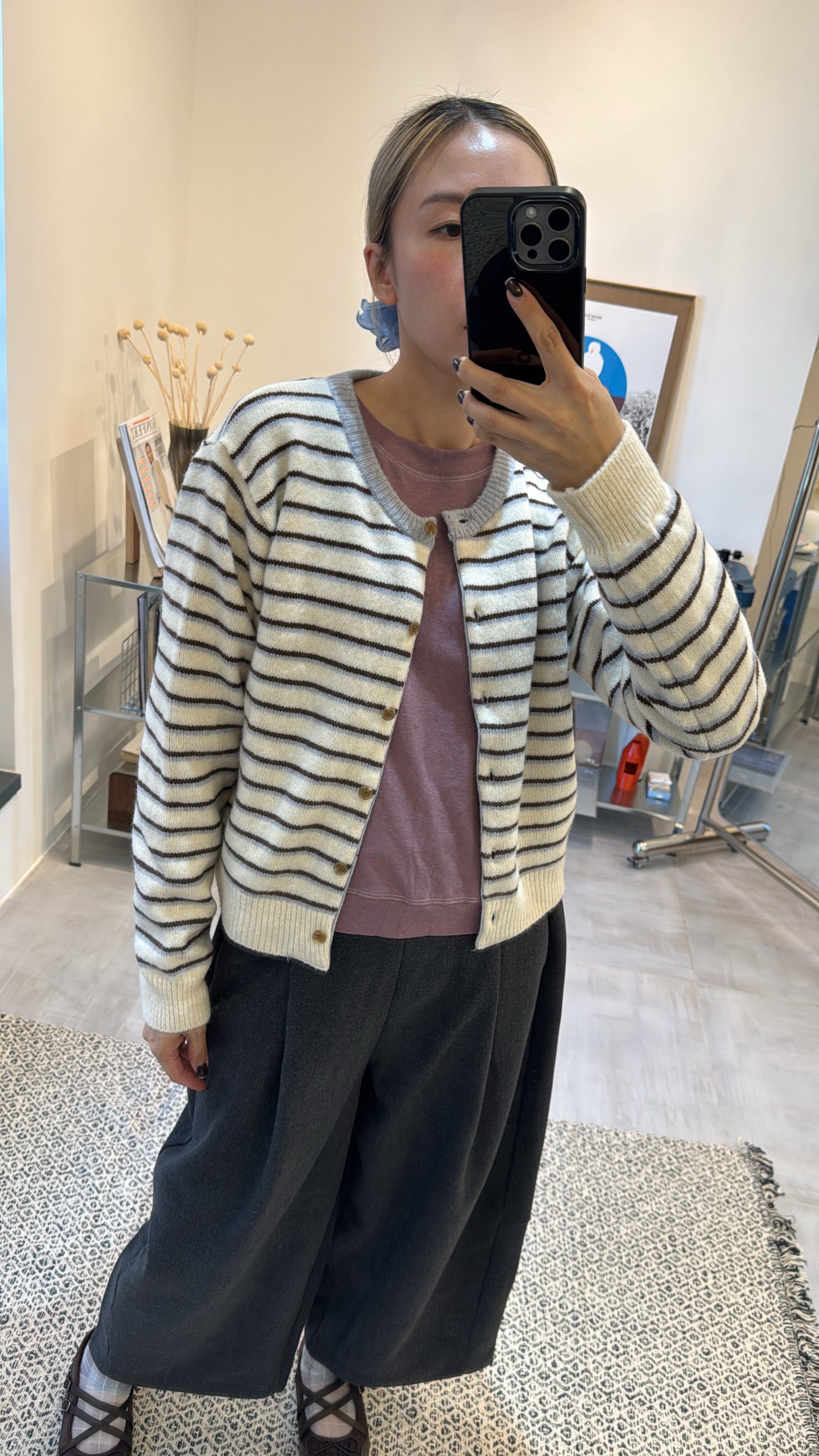 雙色間條cardigan/白+灰