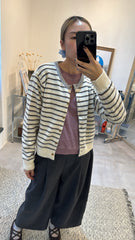 雙色間條cardigan/白+灰