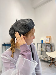 心心條紋具蕾帽/灰