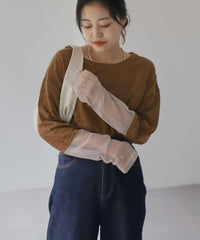 間條網袖闊身T-shirt/啡