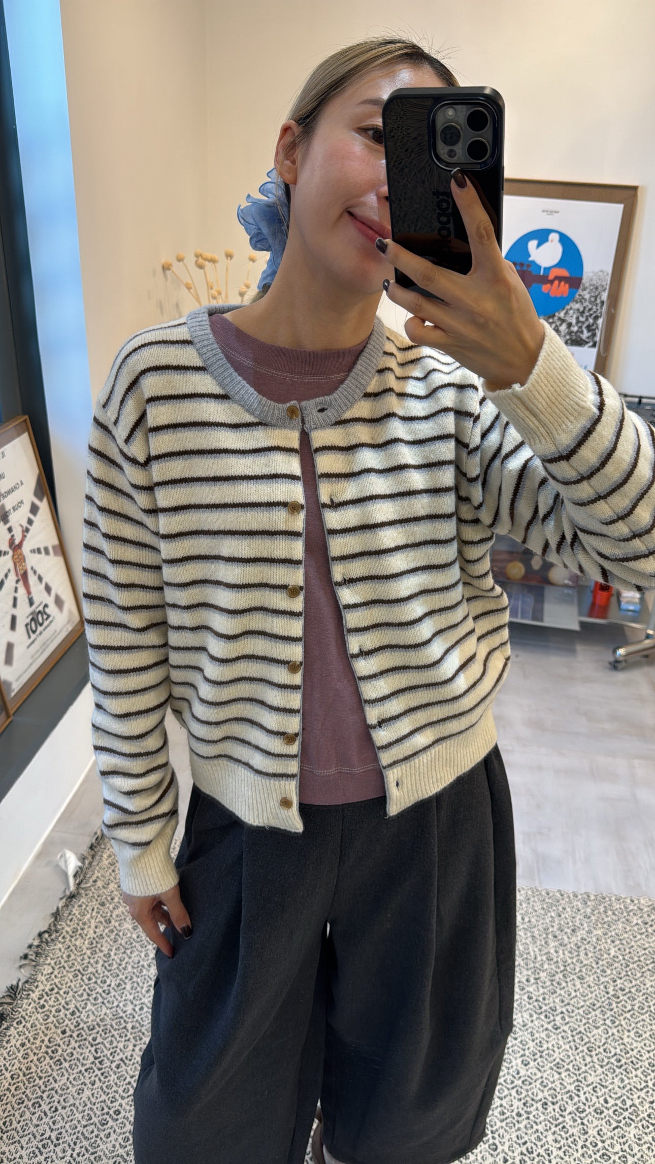 雙色間條cardigan/白+灰