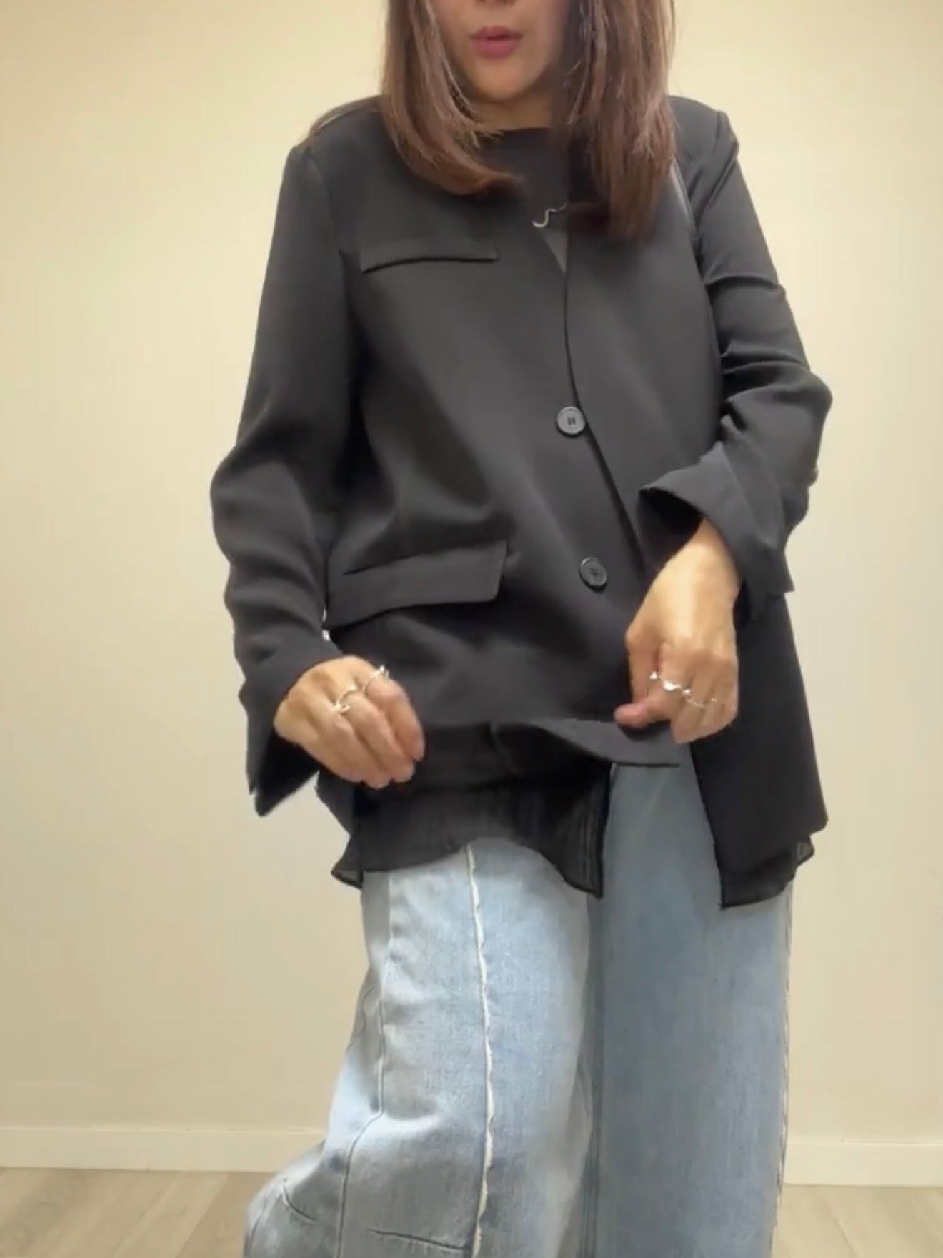紗腳V領西裝褸/黑