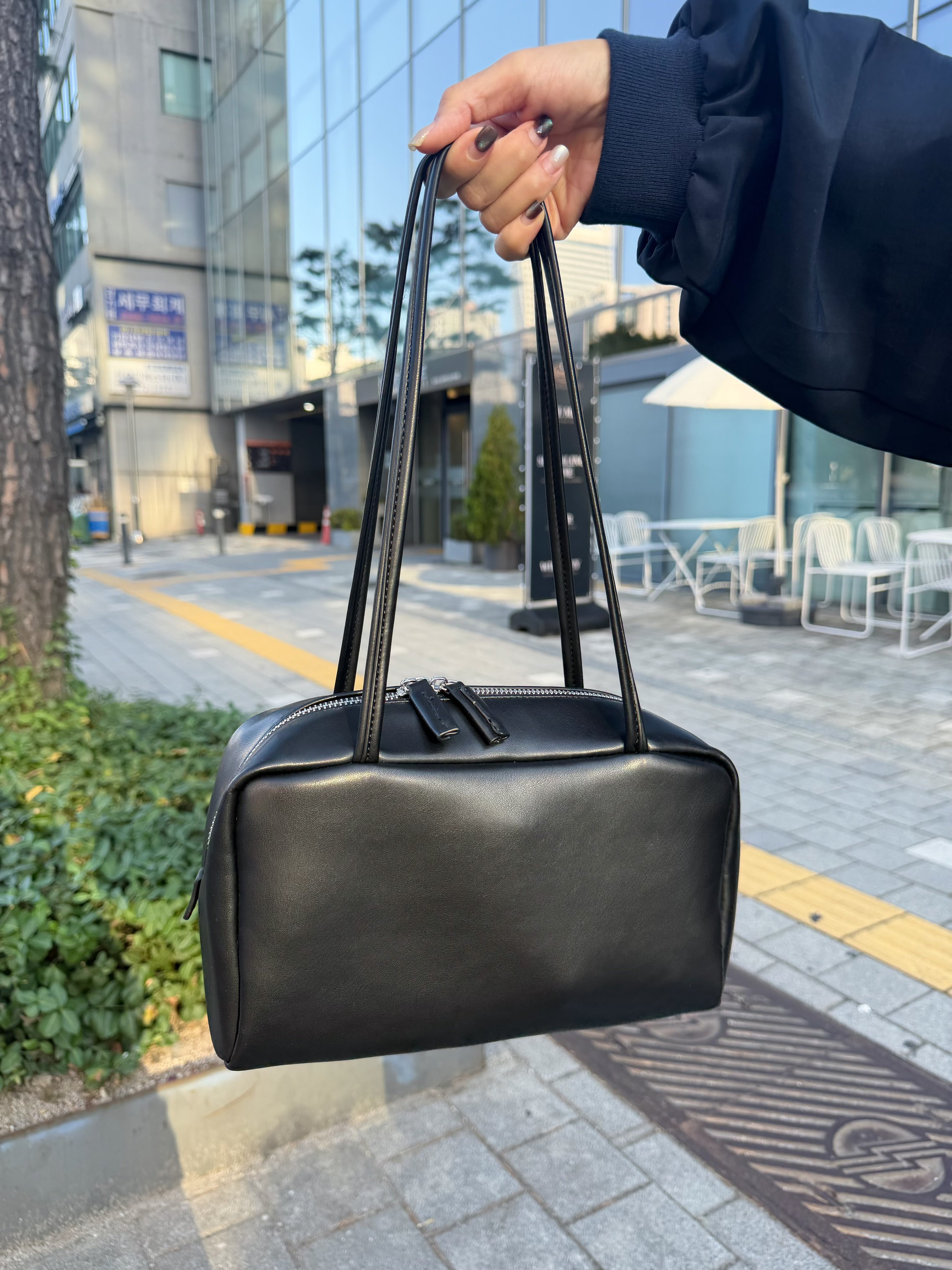 長方仿皮手袋/黑