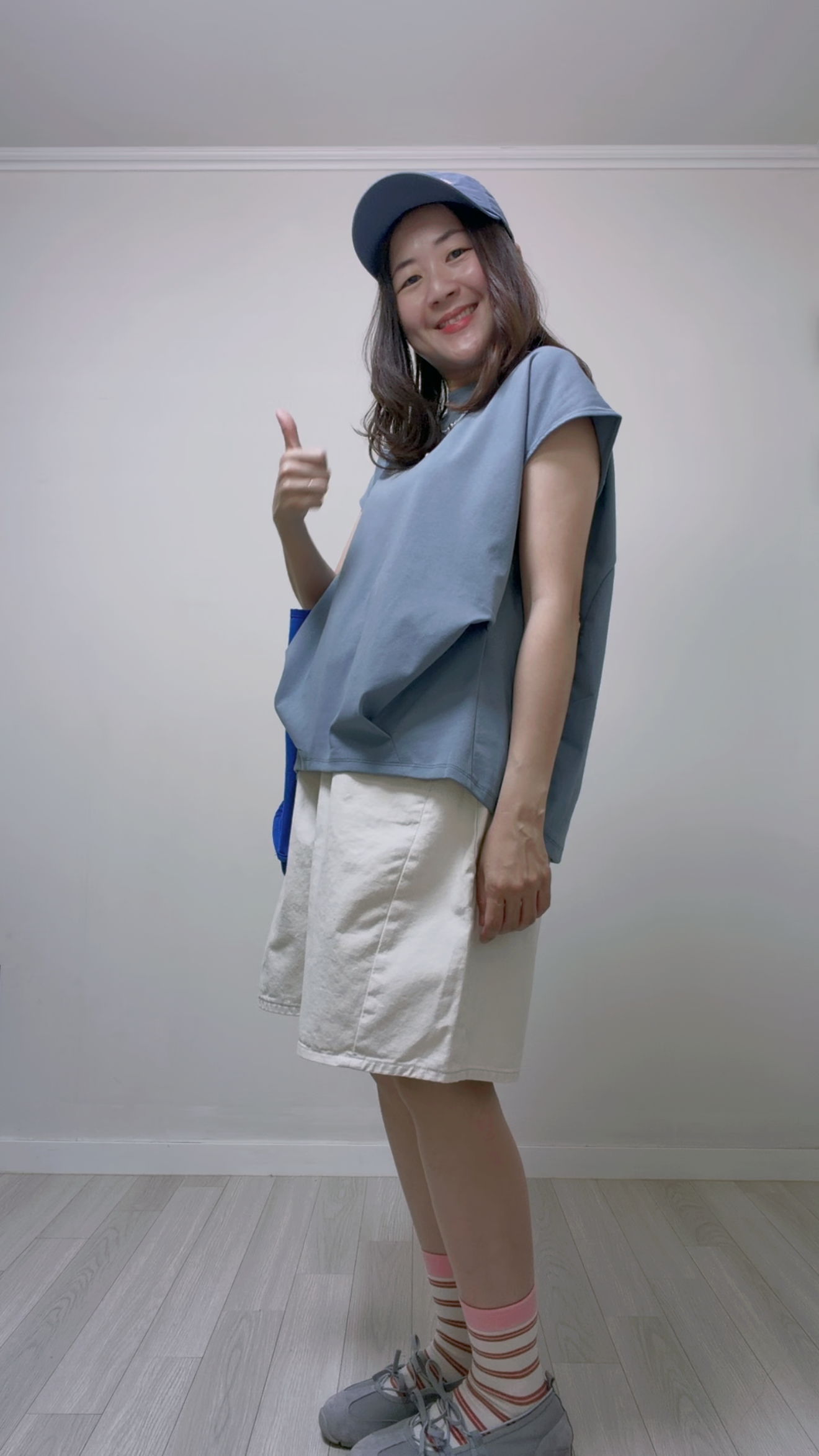 衫腳大摺褶T-shirt/霧藍