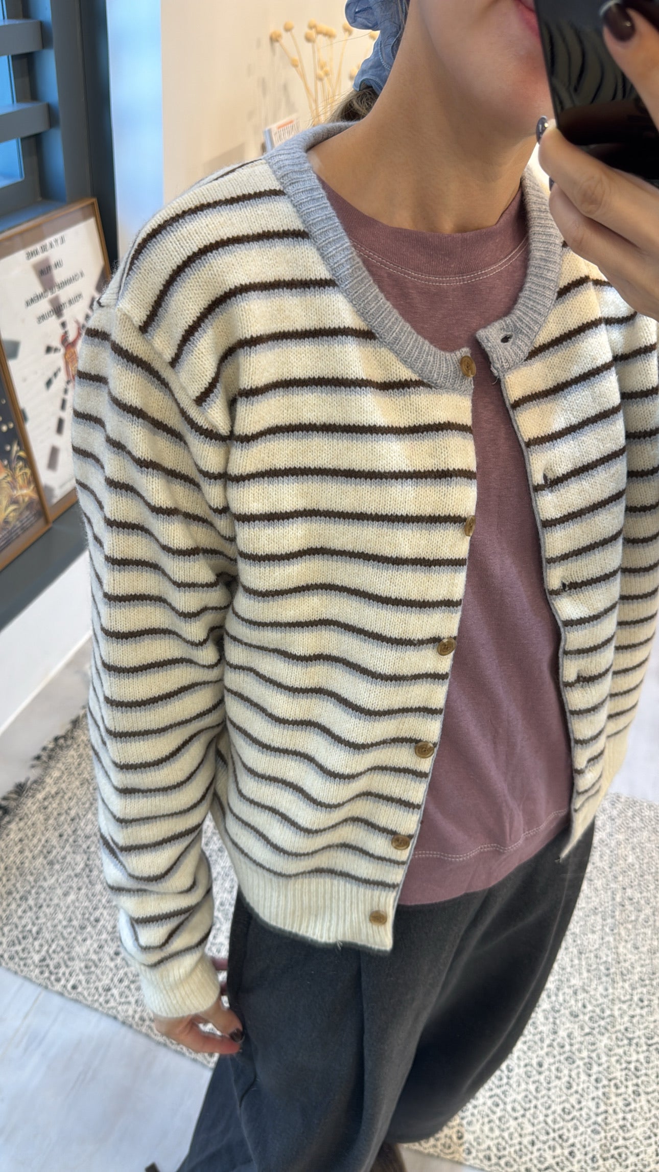 雙色間條cardigan/白+灰