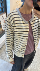 雙色間條cardigan/白+灰