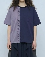 網布Ruffle撞色領T-shirt/灰+深藍