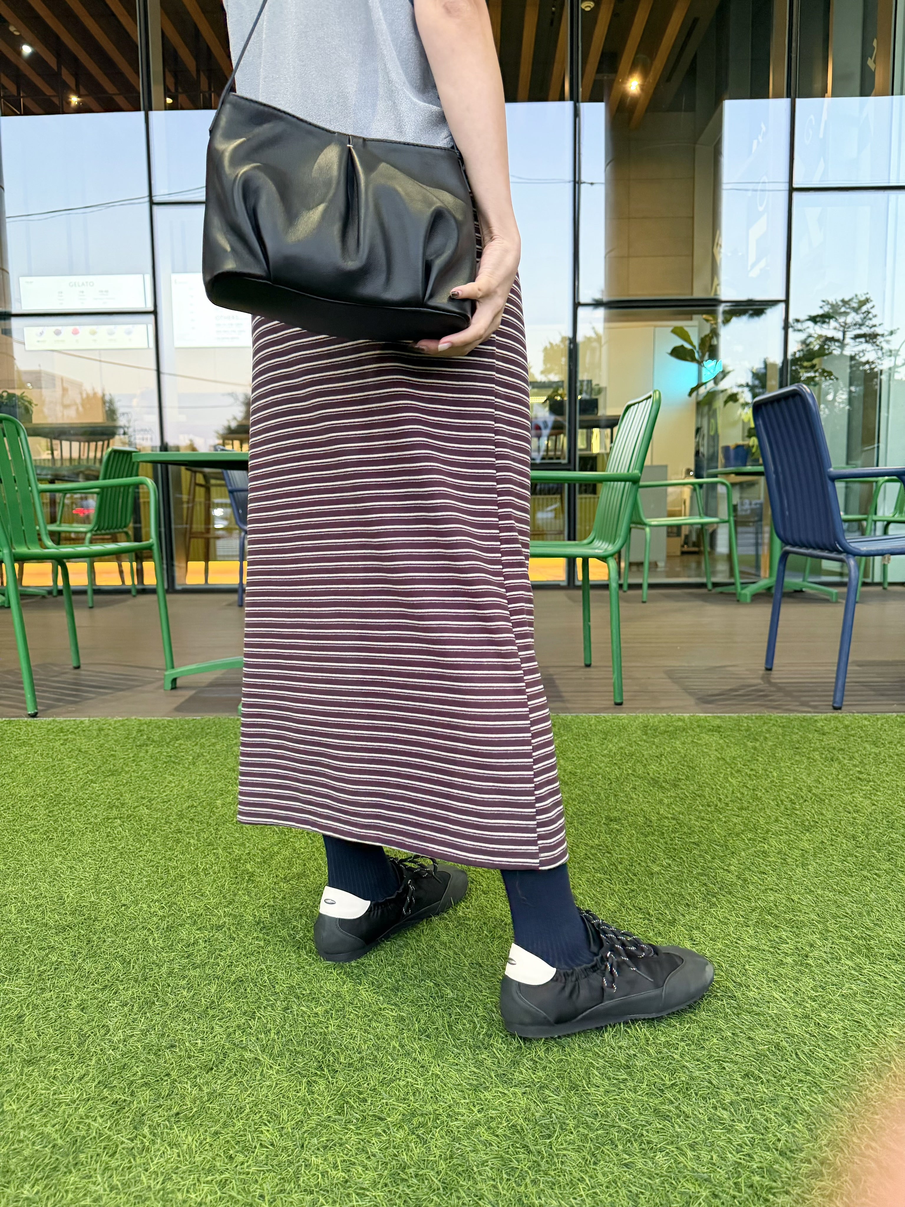 間條彈性直身裙/深啡