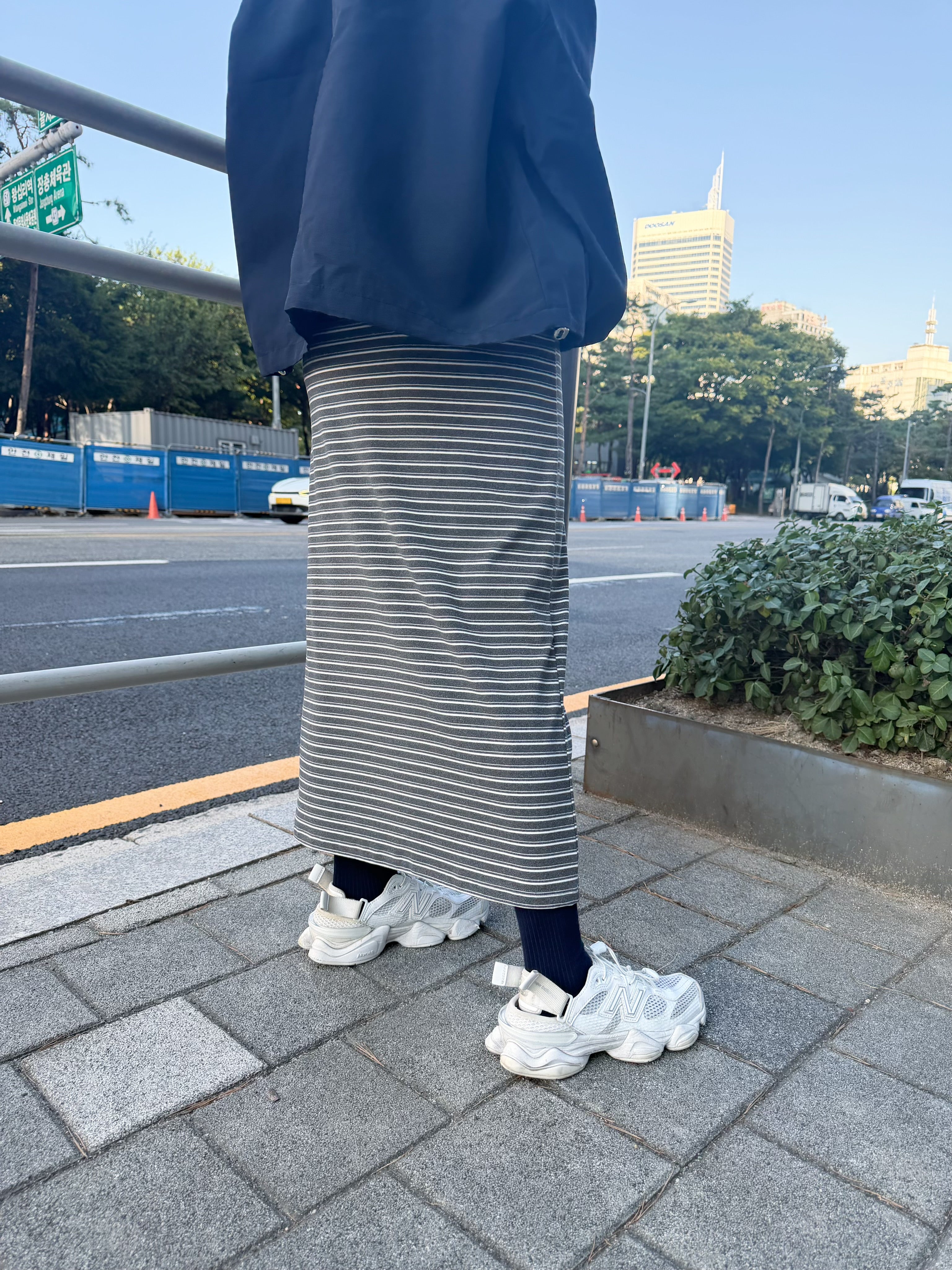 間條彈性直身裙/灰