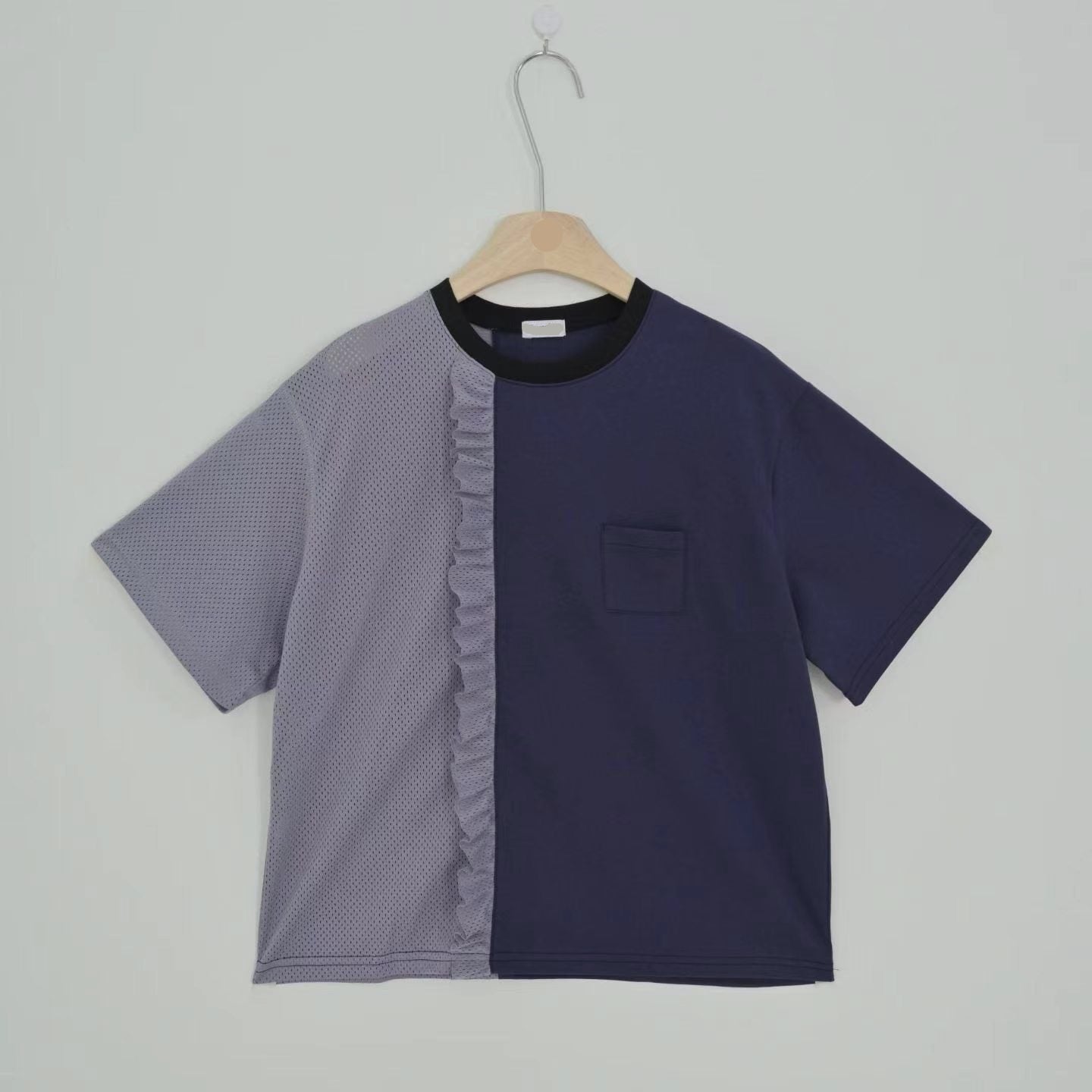 網布Ruffle撞色領T-shirt/灰+深藍