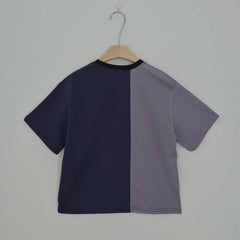 網布Ruffle撞色領T-shirt/灰+深藍