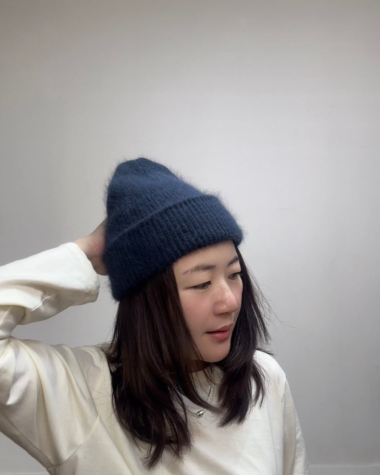 兔毛冷帽/深灰藍