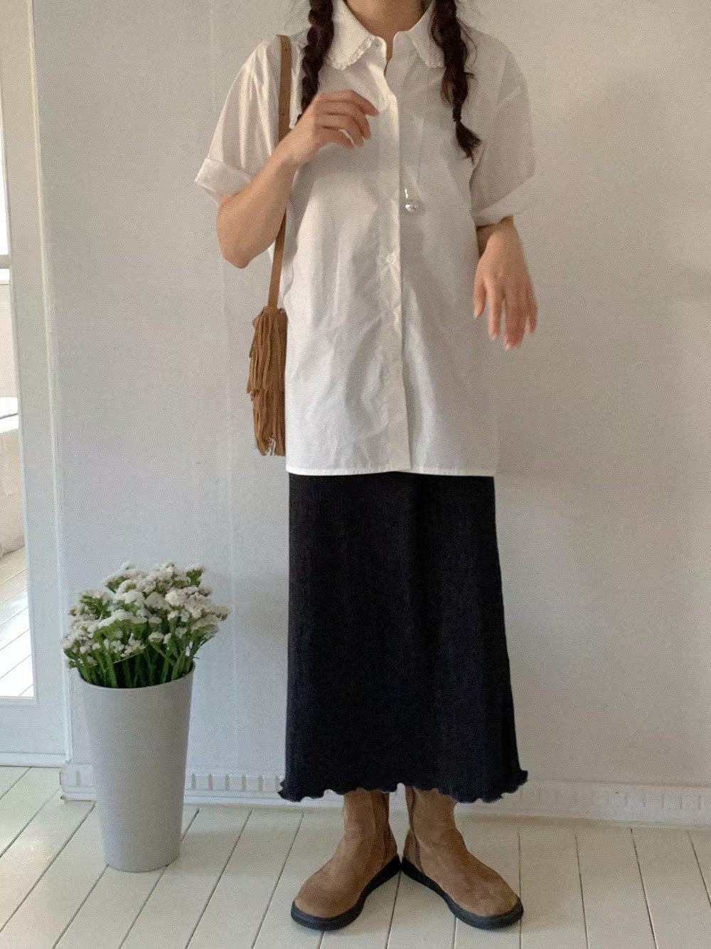 木耳邊壓褶直身裙/黑