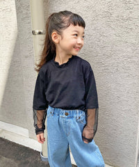 透視袖口橫間Tee Kids Black color