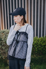 斜間條撞色領Tee/灰+黃