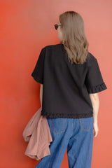 衫腳縮褶邊T-shirt/黑