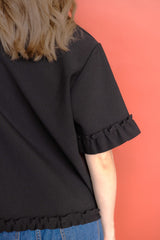 衫腳縮褶邊T-shirt/黑