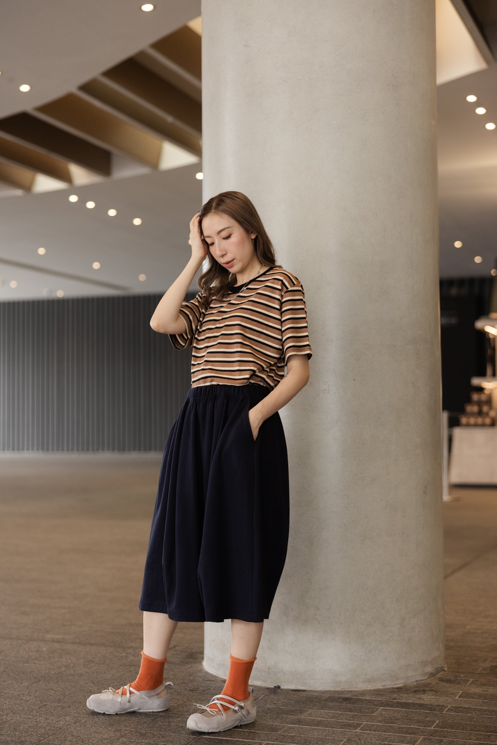 三色間條T-shirt/啡