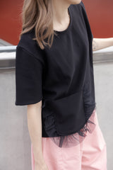 口袋邊紗RuffleT-shirt/黑
