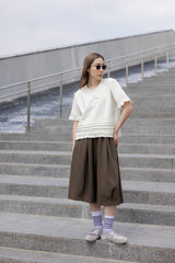 衫腳縮褶邊T-shirt/米白