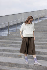 衫腳縮褶邊T-shirt/米白