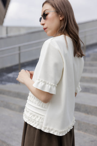 衫腳縮褶邊T-shirt/米白