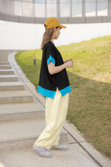 手袖衫腳撞色邊T-shirt/黑+藍