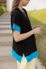 手袖衫腳撞色邊T-shirt/黑+藍