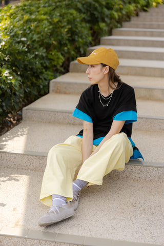 手袖衫腳撞色邊T-shirt/黑+藍