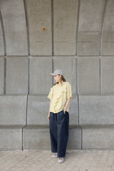 闊身駁線直腳褲/深藍