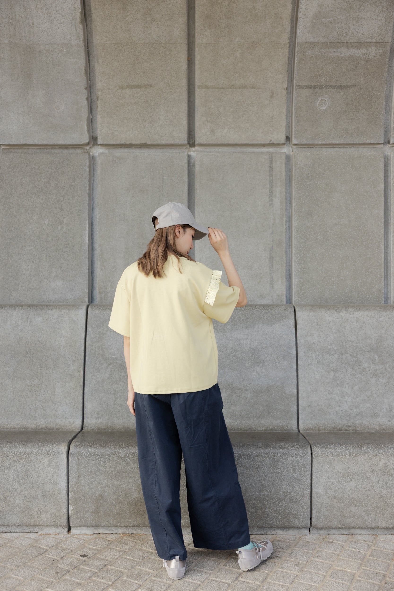 波點縮褶邊T-shirt/黃
