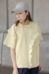 波點縮褶邊T-shirt/黃