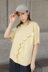 波點縮褶邊T-shirt/黃