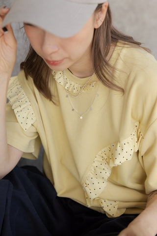 波點縮褶邊T-shirt/黃