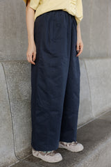 闊身駁線直腳褲/深藍